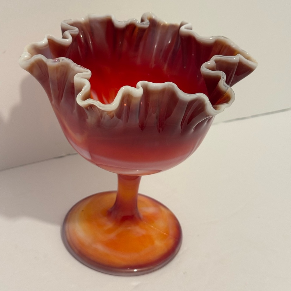 Imperial Glass "End of Day" or "Slag Glass" pedestal compote Ruby Red Swirl Vntg